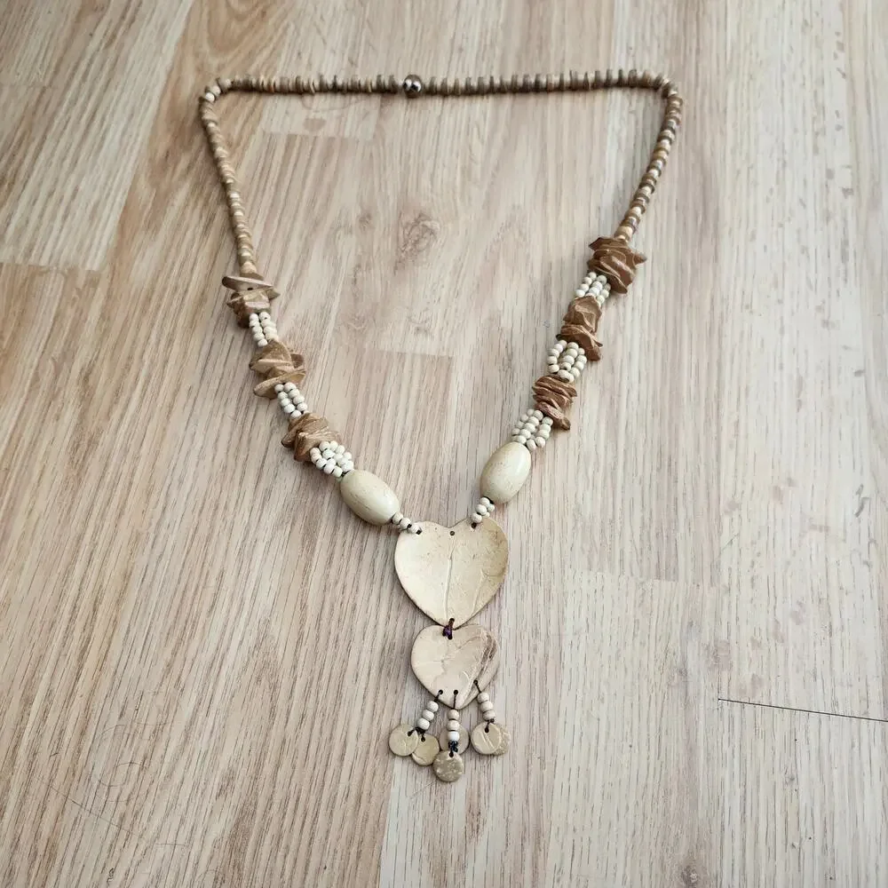 Boho Coconut‎ Shell Wood Bead Double Heart Pendant Necklace Tribal Beach Style